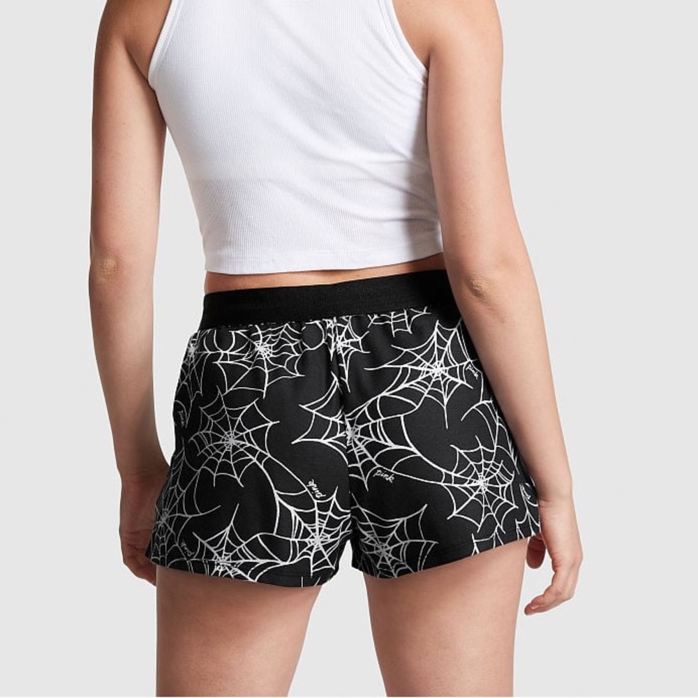 Victoria's Secret PINK Flannel Boxy Pajama Shorts Halloween Spider Web Black XXL